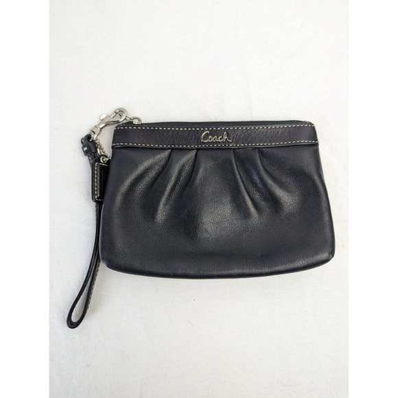 Coach Handbags - Coach Black Leather Gathered Front Zip Top Metal Logo Wristlet Handbag Purse